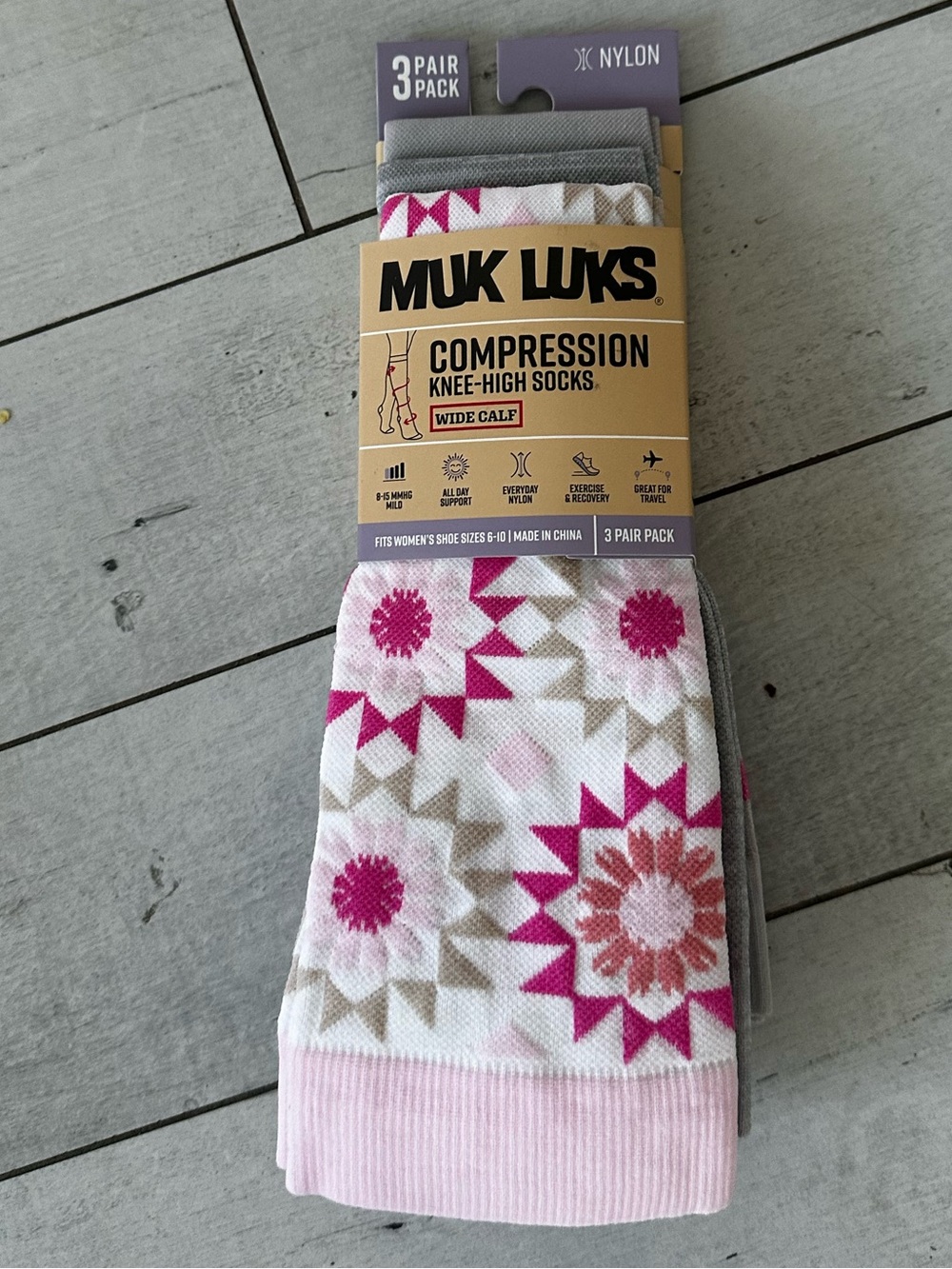 Muk Luks Compression Knee-High Socks - Pink, Gray, White (3-Pack)